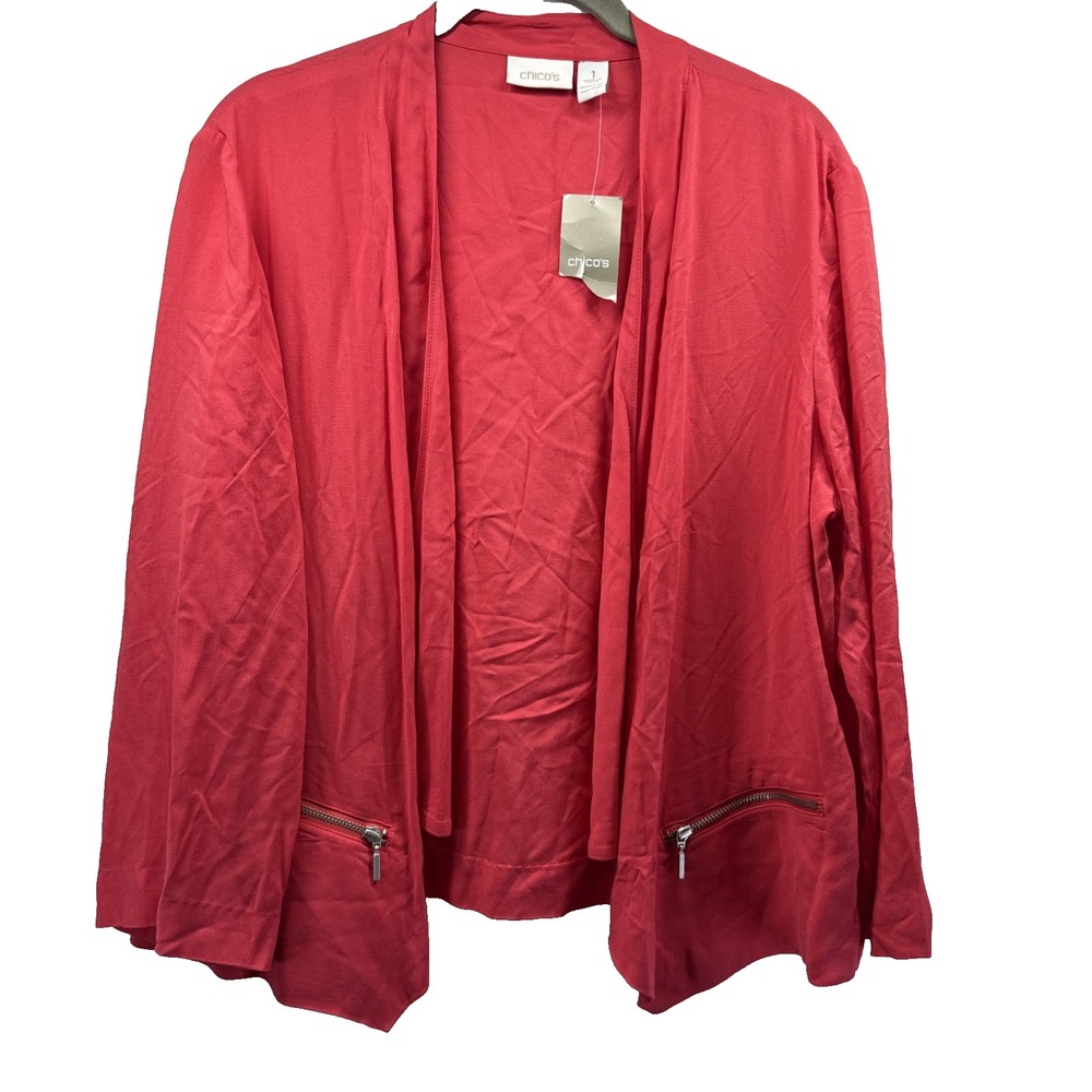 Chicos Women's Jacket Size Medium Solid Pink Zippered Pockets 3/4 Sleeves Open